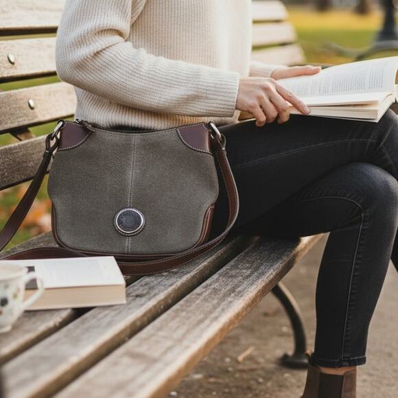 Dooney & Bourke Handbags - Dooney & Bourke Crossbody Purse Adj Strap Brown Leather/Gray Suede Vintage Purse